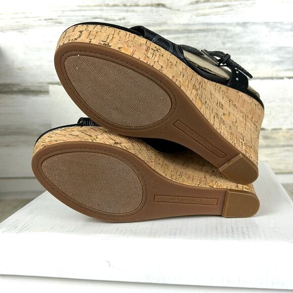 Calvin Klein Karmona Women’s 6.5 Black Logo faux Leather Wedge Strappy Sandals - Picture 6 of 8